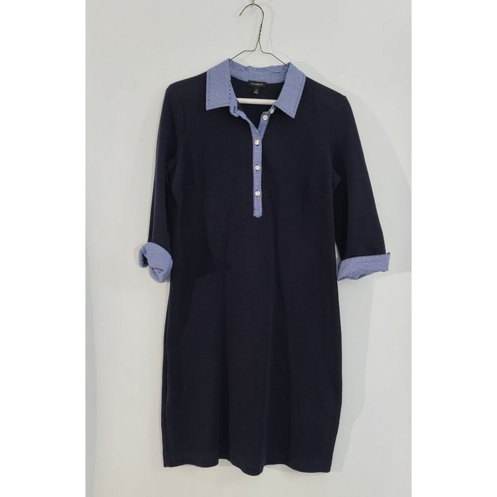 Talbots Cotton Polo‎ Pique Popover Shirt Dress Gingham Collar Cuff Navy Small
